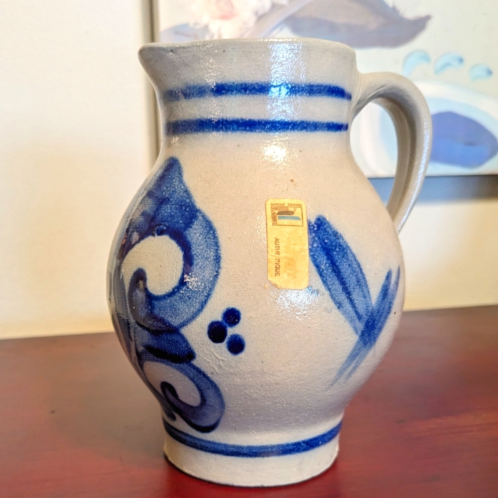 Vintage German Cobalt Blue Art Salt Glazed Stoneware Pitcher Jug Pitcher 6.25" H